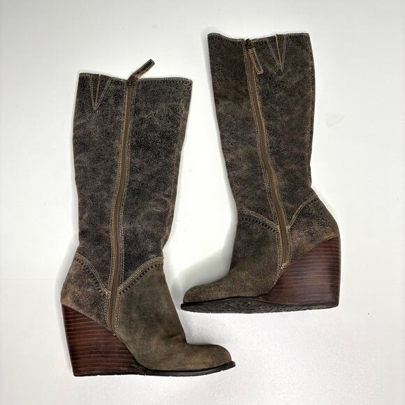 Fossil Crackled Brown Leather Wedge Knee High Boots 6 - Picture 2 of 11